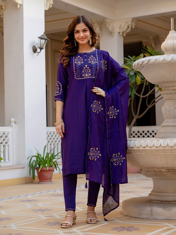 Purple Embroidery Sequins Work Viscose Mango Silk Anarkali Kurti Set