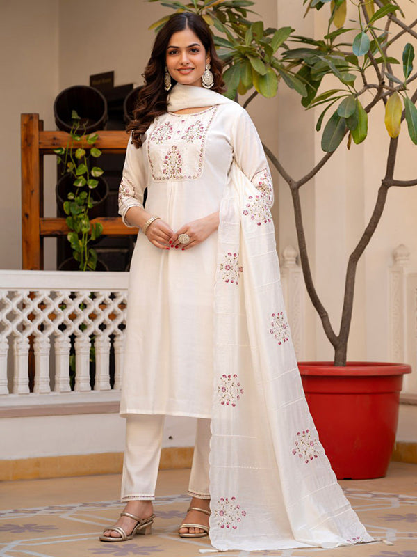 White Embroidery Sequins Work Viscose Mango Silk Anarkali Kurti Set