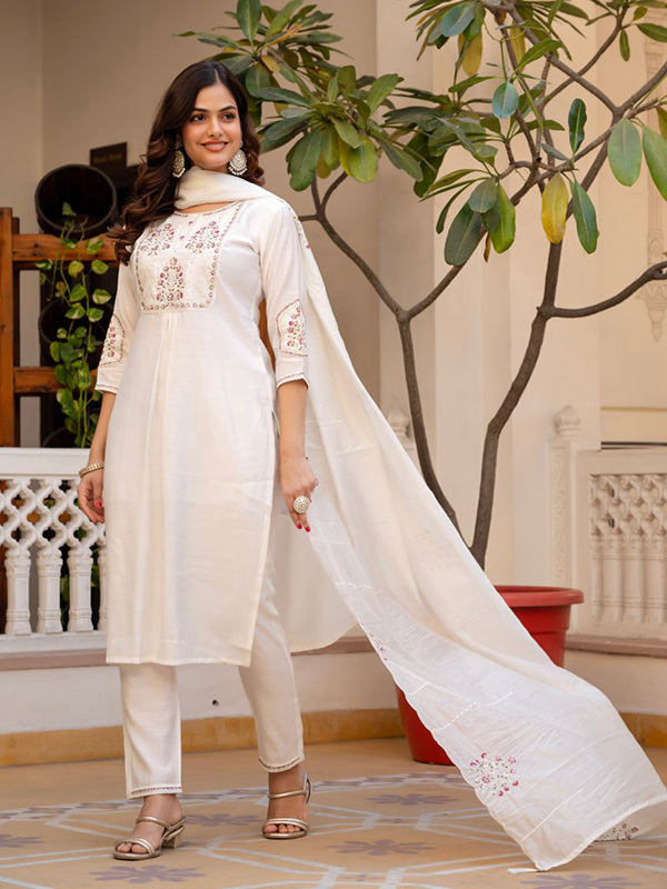 White Embroidery Sequins Work Viscose Mango Silk Anarkali Kurti Set