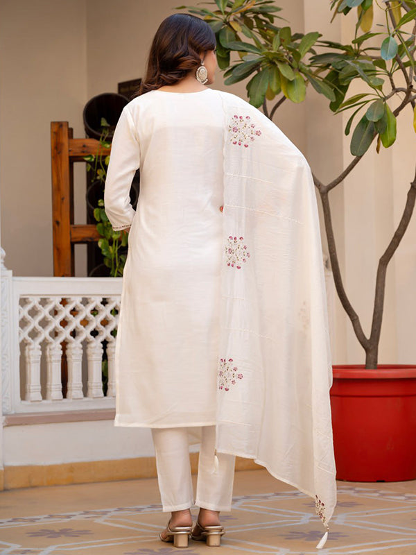 White Embroidery Sequins Work Viscose Mango Silk Anarkali Kurti Set