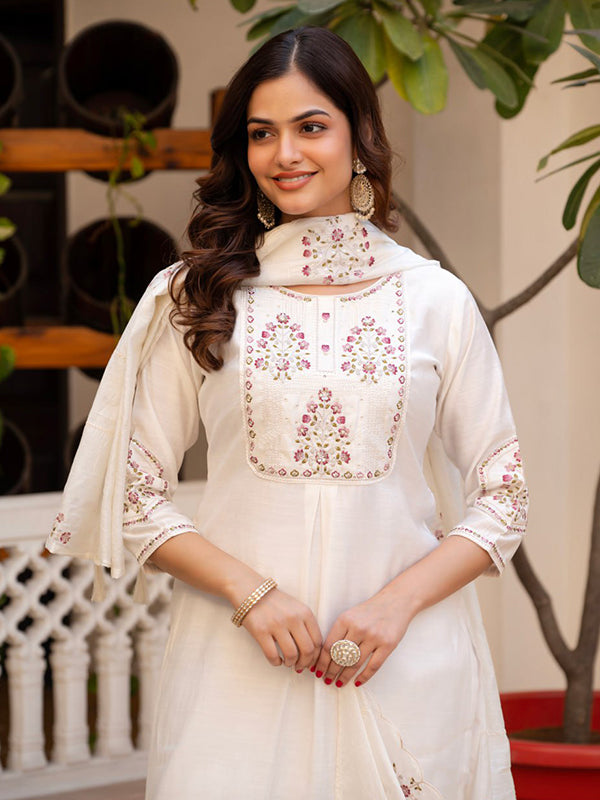 White Embroidery Sequins Work Viscose Mango Silk Anarkali Kurti Set