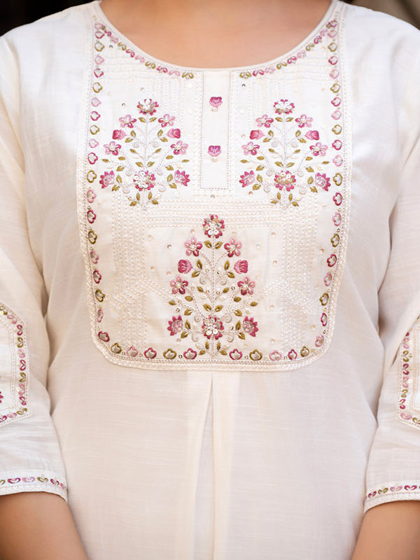 White Embroidery Sequins Work Viscose Mango Silk Anarkali Kurti Set