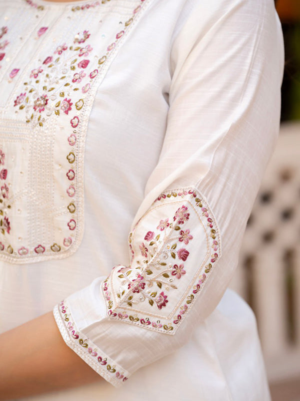 White Embroidery Sequins Work Viscose Mango Silk Anarkali Kurti Set