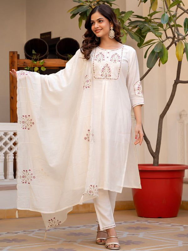White Embroidery Sequins Work Viscose Mango Silk Anarkali Kurti Set