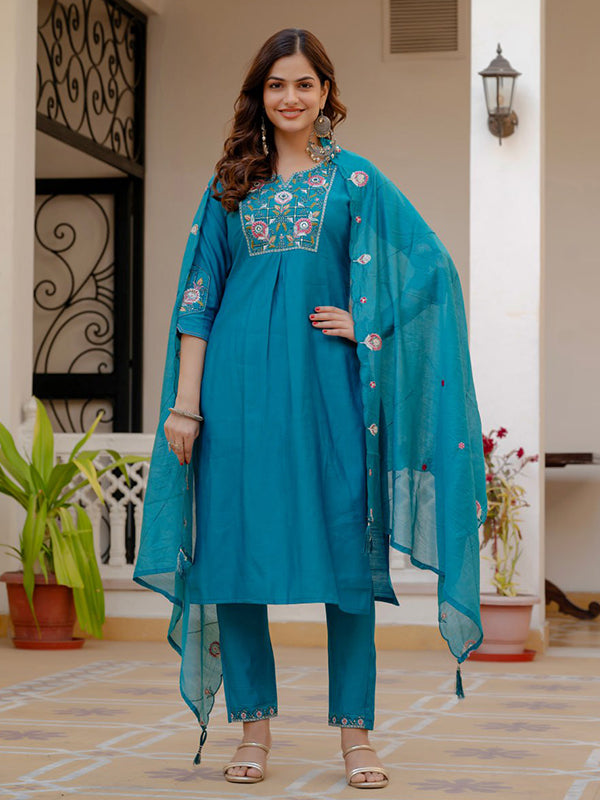 Firozi Embroidery Sequins Work Viscose Mango Silk Anarkali kurti With Maslin Dupatta