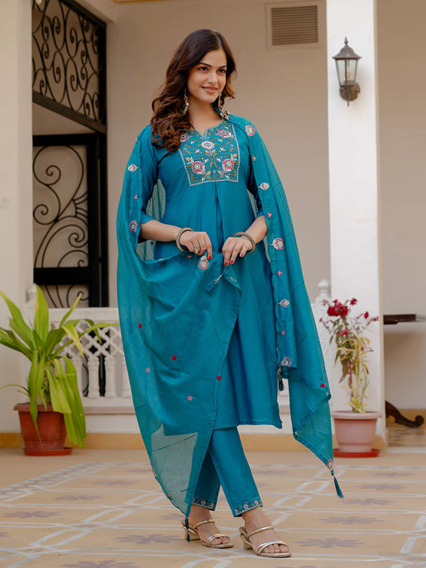 Firozi Embroidery Sequins Work Viscose Mango Silk Anarkali kurti With Maslin Dupatta