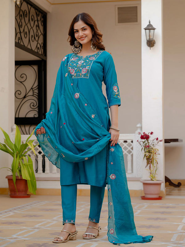 Firozi Embroidery Sequins Work Viscose Mango Silk Anarkali kurti With Maslin Dupatta