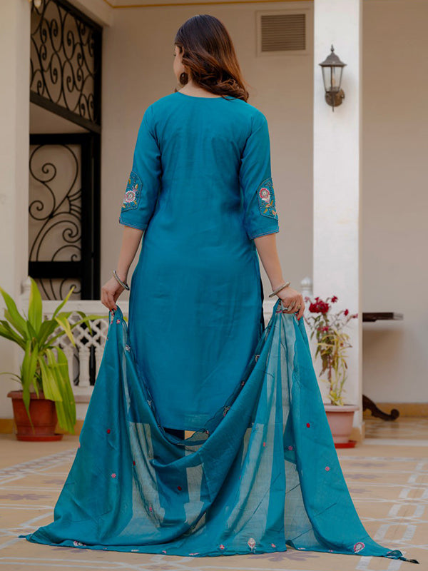 Firozi Embroidery Sequins Work Viscose Mango Silk Anarkali kurti With Maslin Dupatta