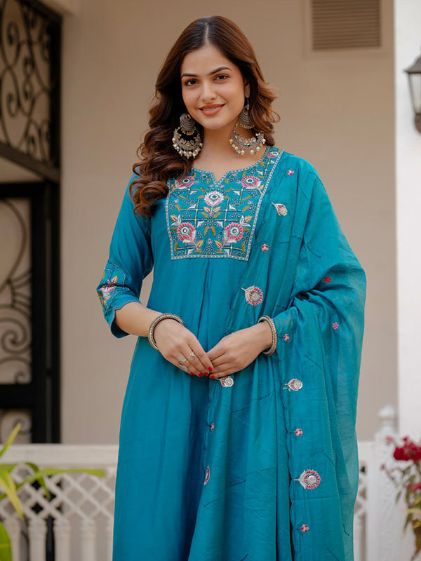 Firozi Embroidery Sequins Work Viscose Mango Silk Anarkali kurti With Maslin Dupatta