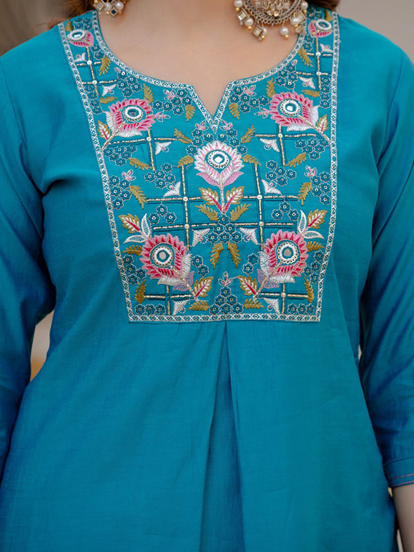 Firozi Embroidery Sequins Work Viscose Mango Silk Anarkali kurti With Maslin Dupatta