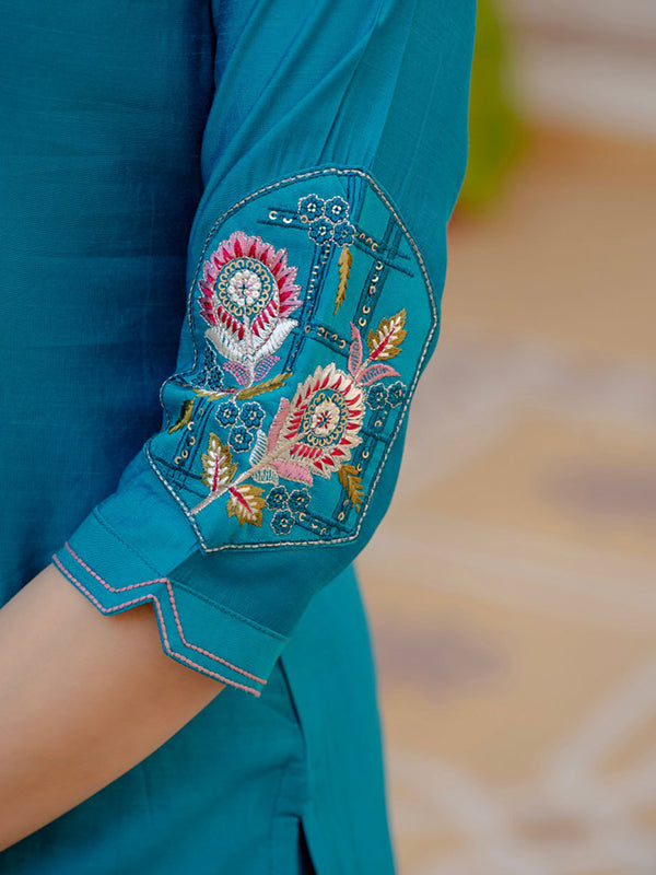 Firozi Embroidery Sequins Work Viscose Mango Silk Anarkali kurti With Maslin Dupatta