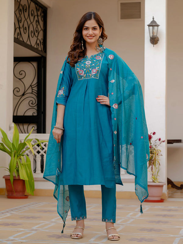 Firozi Embroidery Sequins Work Viscose Mango Silk Anarkali kurti With Maslin Dupatta