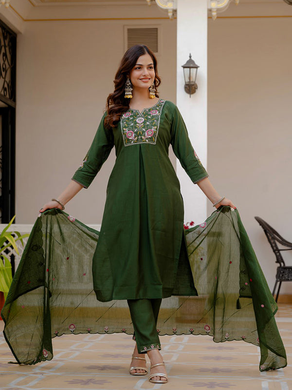 Green Embroidery Sequins Work Viscose Mango Silk Anarkali kurti With Maslin Dupatta