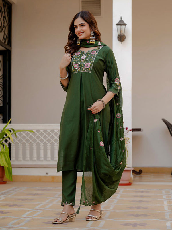 Green Embroidery Sequins Work Viscose Mango Silk Anarkali kurti With Maslin Dupatta