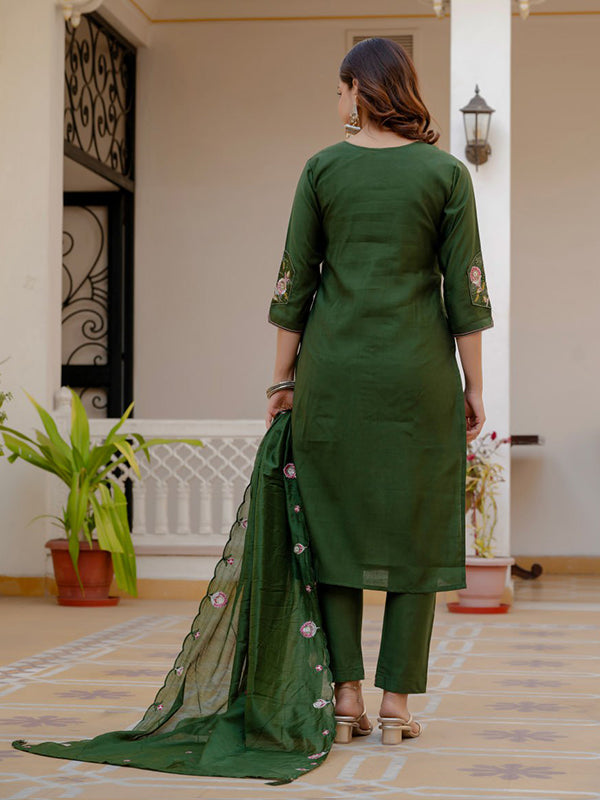 Green Embroidery Sequins Work Viscose Mango Silk Anarkali kurti With Maslin Dupatta