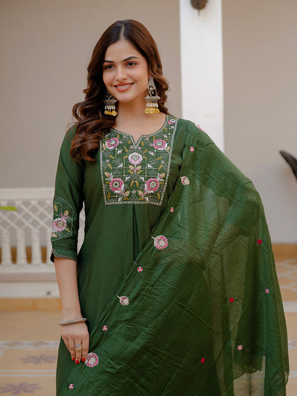 Green Embroidery Sequins Work Viscose Mango Silk Anarkali kurti With Maslin Dupatta