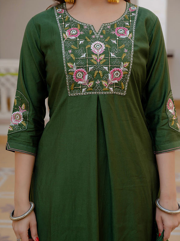 Green Embroidery Sequins Work Viscose Mango Silk Anarkali kurti With Maslin Dupatta