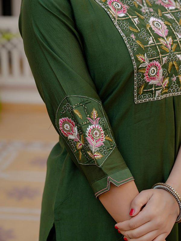 Green Embroidery Sequins Work Viscose Mango Silk Anarkali kurti With Maslin Dupatta