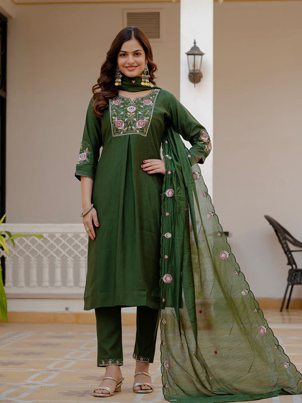 Green Embroidery Sequins Work Viscose Mango Silk Anarkali kurti With Maslin Dupatta