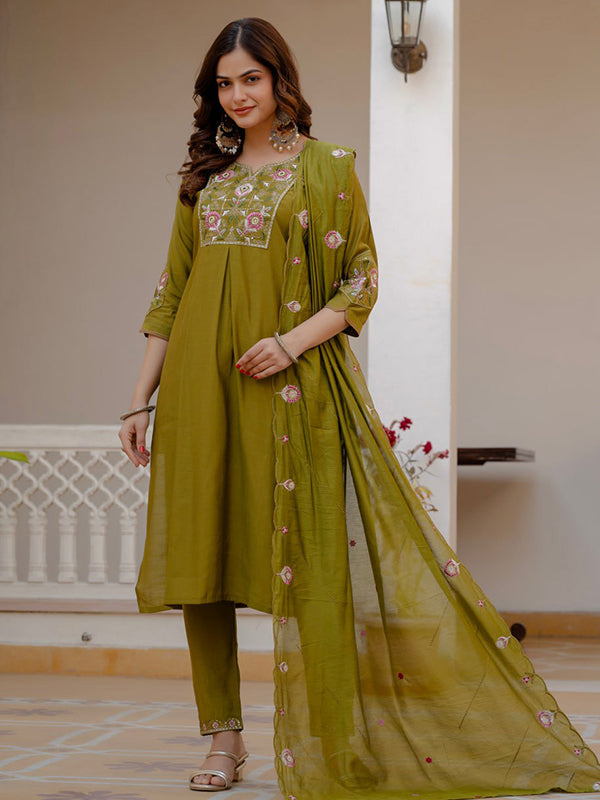 Mehndi Embroidery Sequins Work Viscose Mango Silk Anarkali kurti With Maslin Dupatta