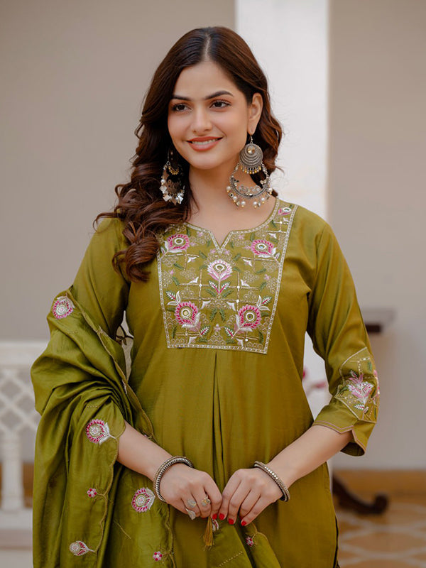 Mehndi Embroidery Sequins Work Viscose Mango Silk Anarkali kurti With Maslin Dupatta
