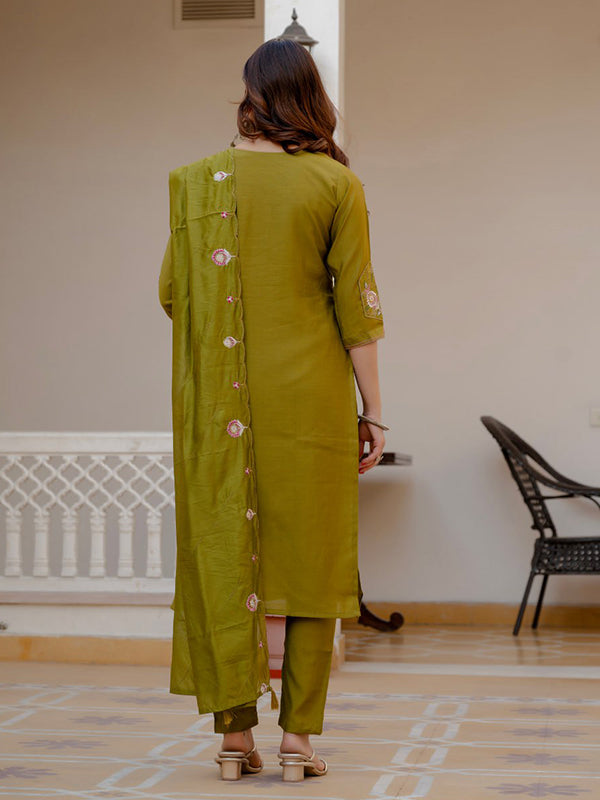 Mehndi Embroidery Sequins Work Viscose Mango Silk Anarkali kurti With Maslin Dupatta