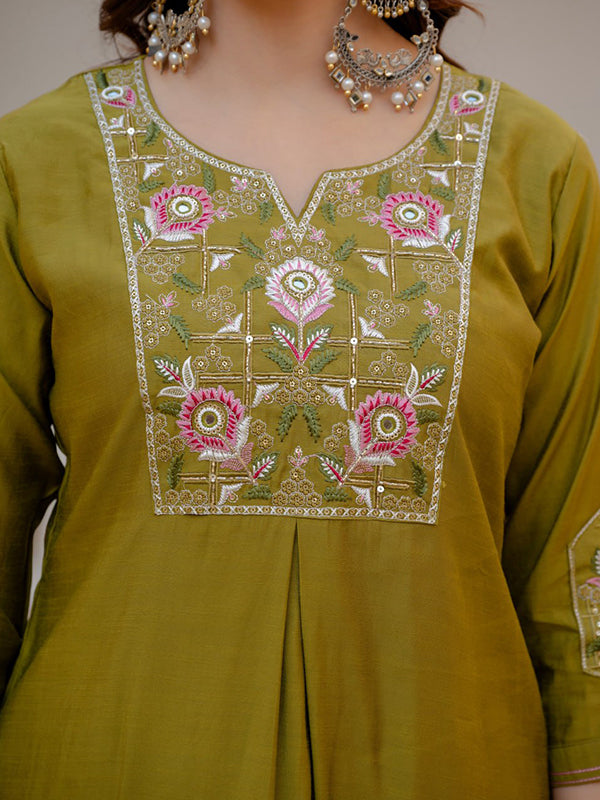 Mehndi Embroidery Sequins Work Viscose Mango Silk Anarkali kurti With Maslin Dupatta