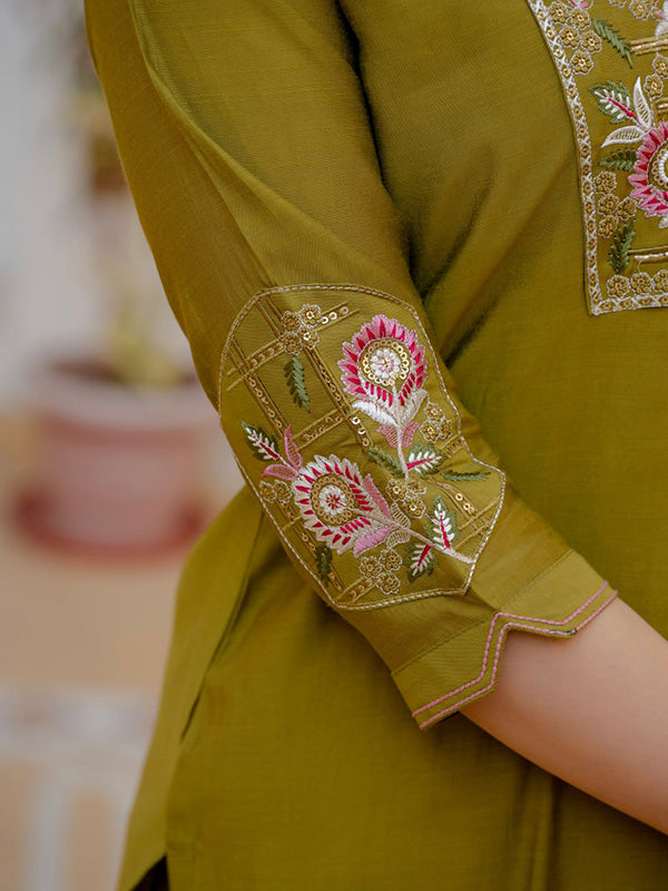 Mehndi Embroidery Sequins Work Viscose Mango Silk Anarkali kurti With Maslin Dupatta