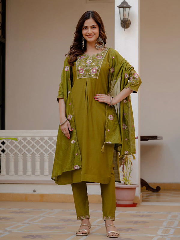 Mehndi Embroidery Sequins Work Viscose Mango Silk Anarkali kurti With Maslin Dupatta
