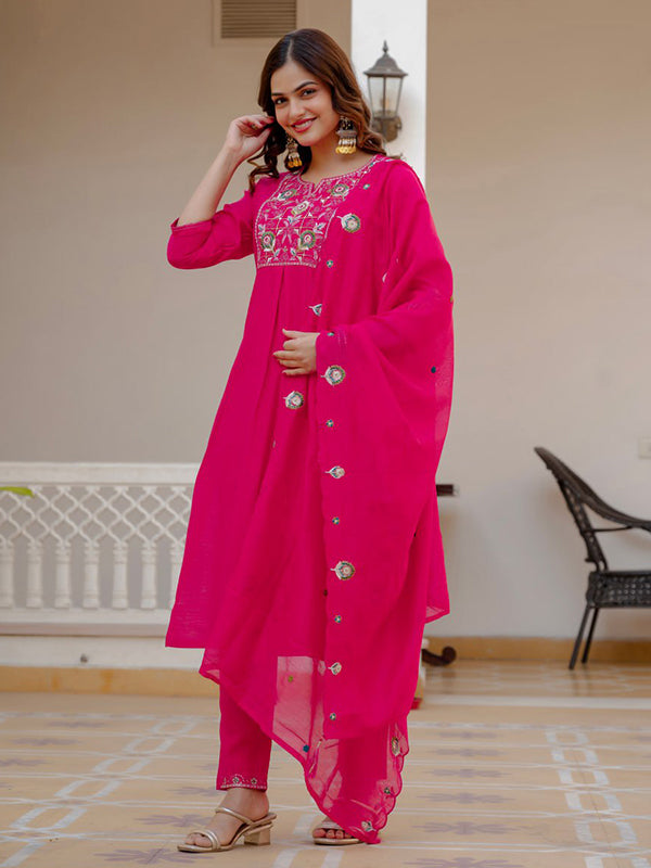 Pink Embroidery Sequins Work Viscose Mango Silk Anarkali kurti With Maslin Dupatta