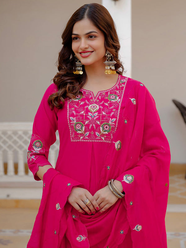 Pink Embroidery Sequins Work Viscose Mango Silk Anarkali kurti With Maslin Dupatta