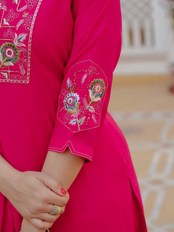 Pink Embroidery Sequins Work Viscose Mango Silk Anarkali kurti With Maslin Dupatta
