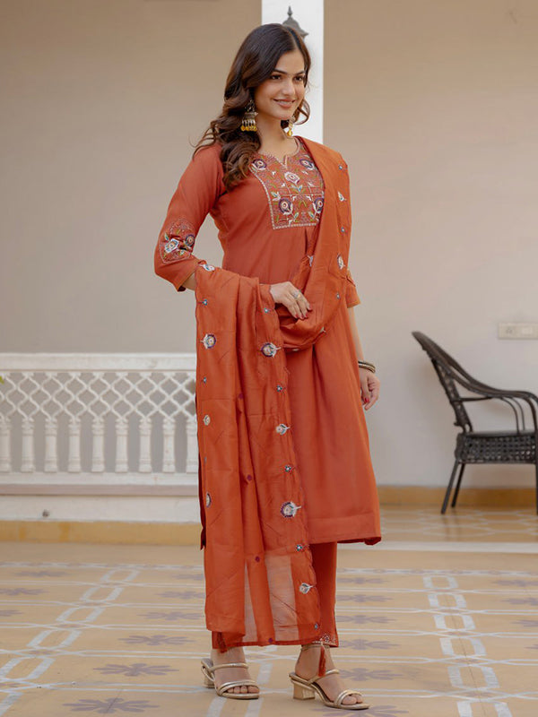 Rust Embroidery Sequins Work Viscose Mango Silk Anarkali kurti With Maslin Dupatta
