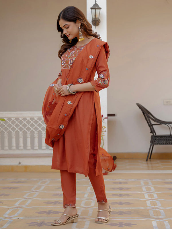 Rust Embroidery Sequins Work Viscose Mango Silk Anarkali kurti With Maslin Dupatta