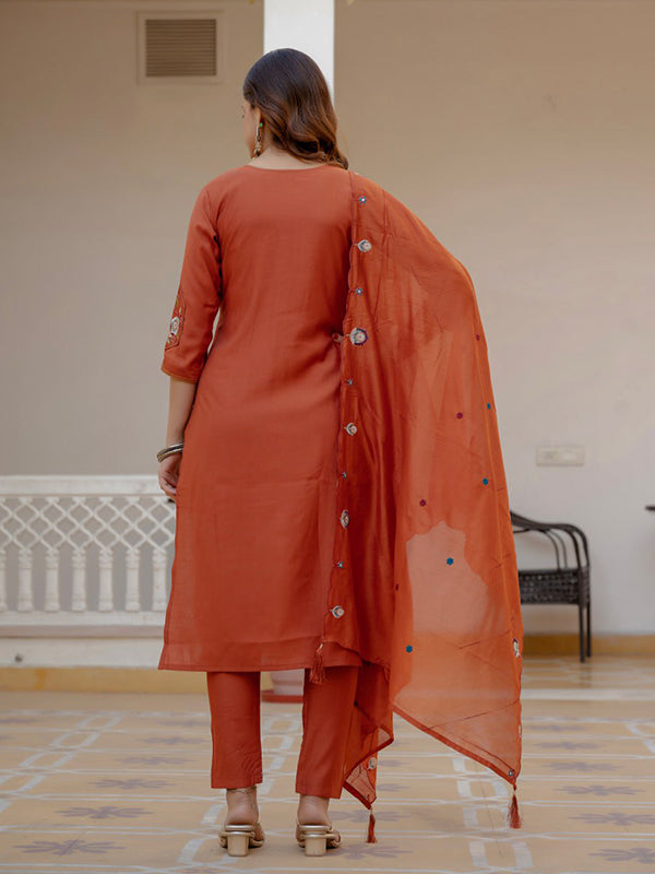 Rust Embroidery Sequins Work Viscose Mango Silk Anarkali kurti With Maslin Dupatta