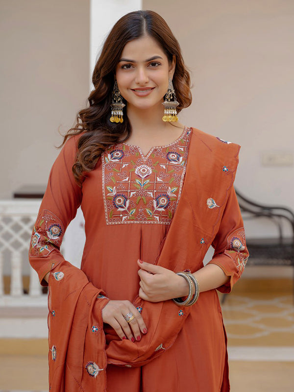 Rust Embroidery Sequins Work Viscose Mango Silk Anarkali kurti With Maslin Dupatta