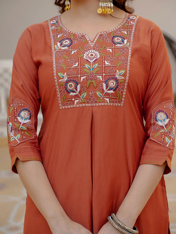 Rust Embroidery Sequins Work Viscose Mango Silk Anarkali kurti With Maslin Dupatta