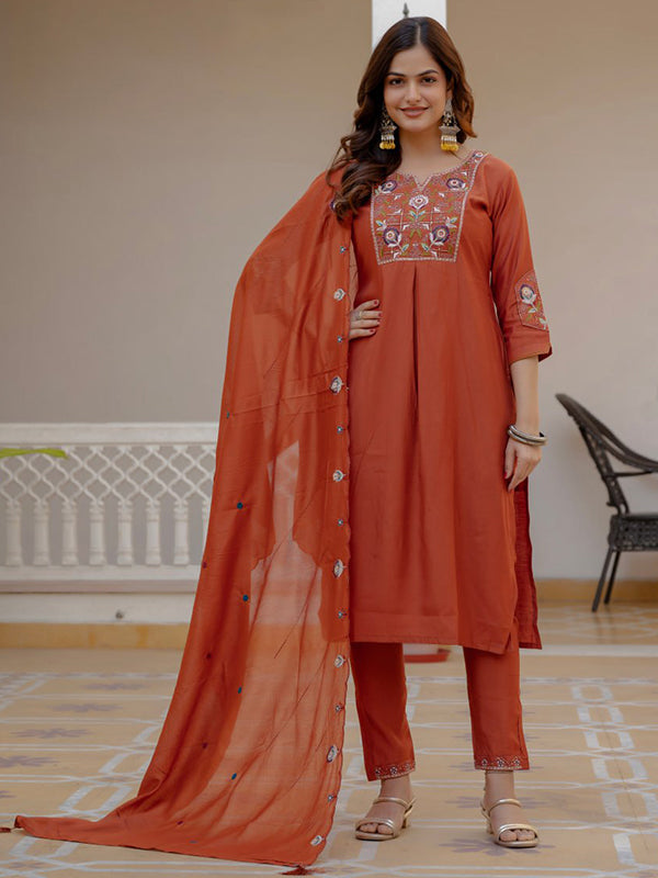 Rust Embroidery Sequins Work Viscose Mango Silk Anarkali kurti With Maslin Dupatta