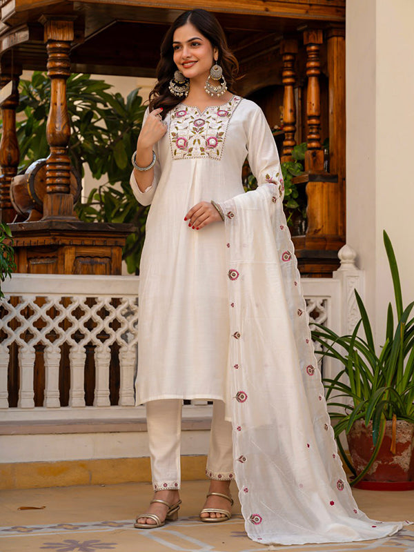 White Embroidery Sequins Work Viscose Mango Silk Anarkali kurti With Maslin Dupatta