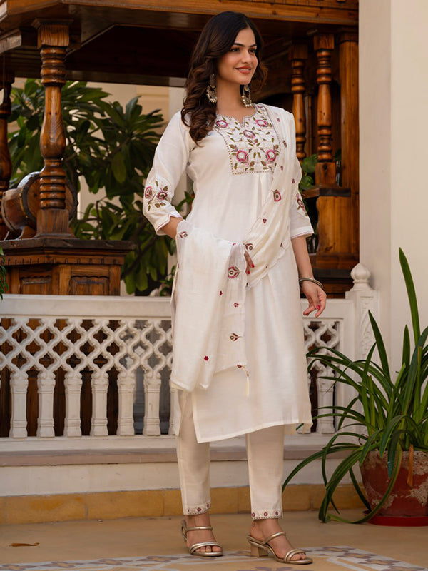 White Embroidery Sequins Work Viscose Mango Silk Anarkali kurti With Maslin Dupatta