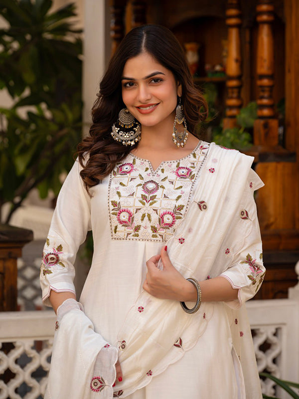 White Embroidery Sequins Work Viscose Mango Silk Anarkali kurti With Maslin Dupatta