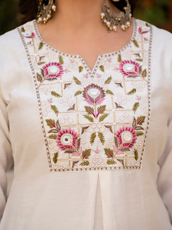 White Embroidery Sequins Work Viscose Mango Silk Anarkali kurti With Maslin Dupatta