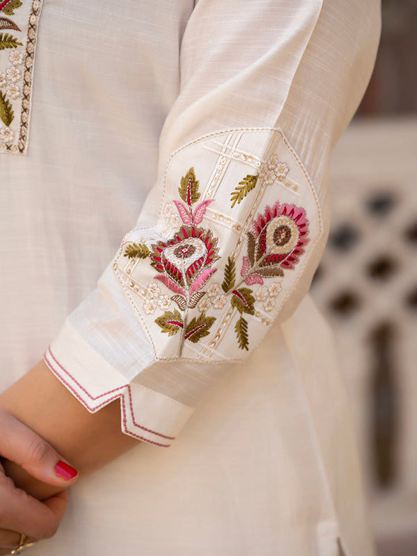 White Embroidery Sequins Work Viscose Mango Silk Anarkali kurti With Maslin Dupatta