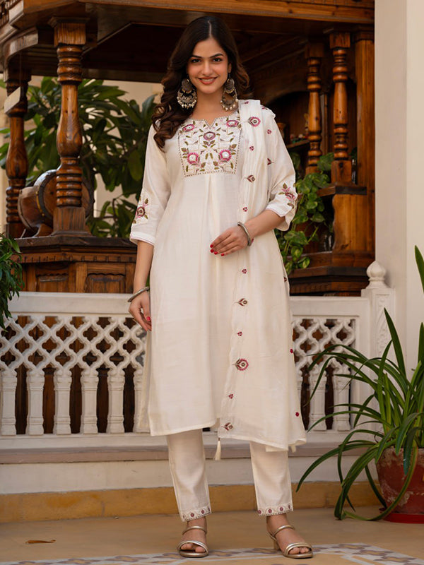 White Embroidery Sequins Work Viscose Mango Silk Anarkali kurti With Maslin Dupatta