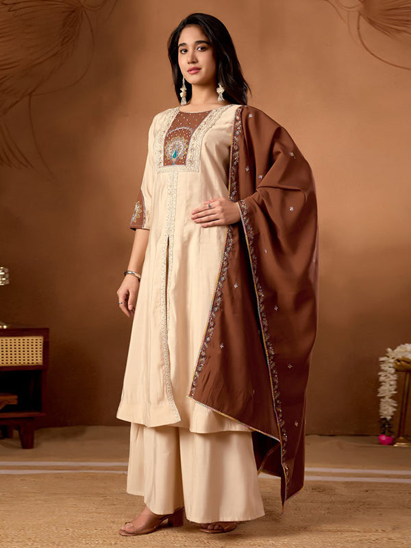 Beige Embroidery Thread Work Roman Silk Kurti Palazzo & Dupatta Set