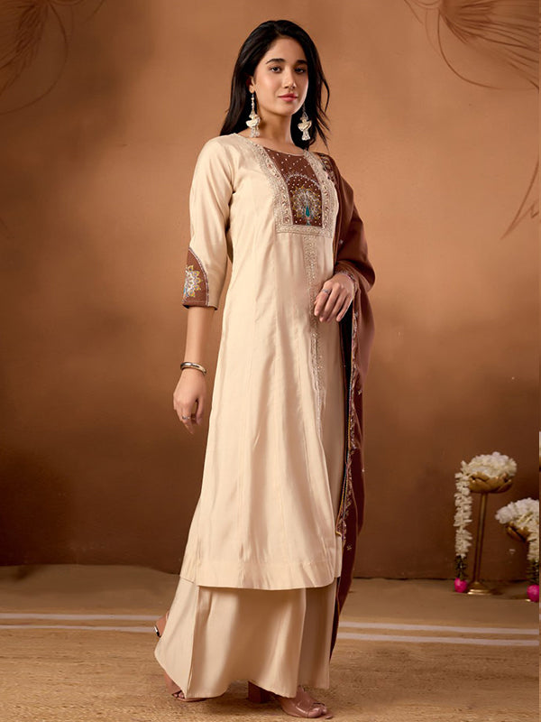 Beige Embroidery Thread Work Roman Silk Kurti Palazzo & Dupatta Set
