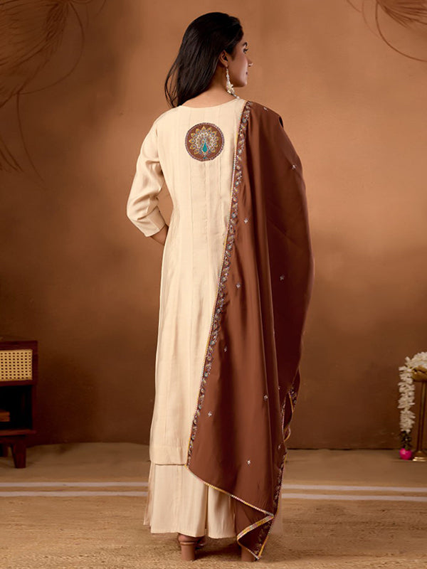 Beige Embroidery Thread Work Roman Silk Kurti Palazzo & Dupatta Set