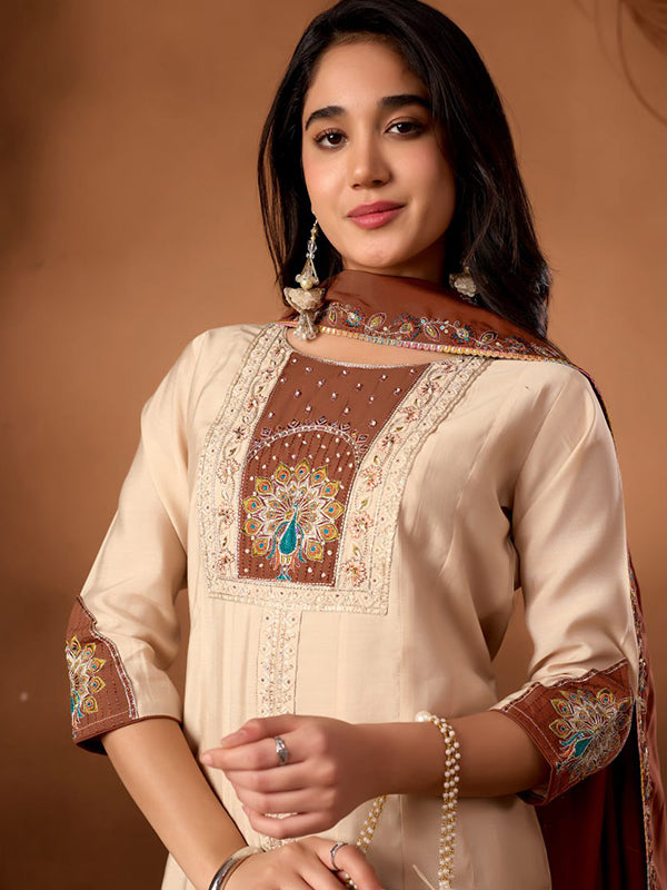 Beige Embroidery Thread Work Roman Silk Kurti Palazzo & Dupatta Set