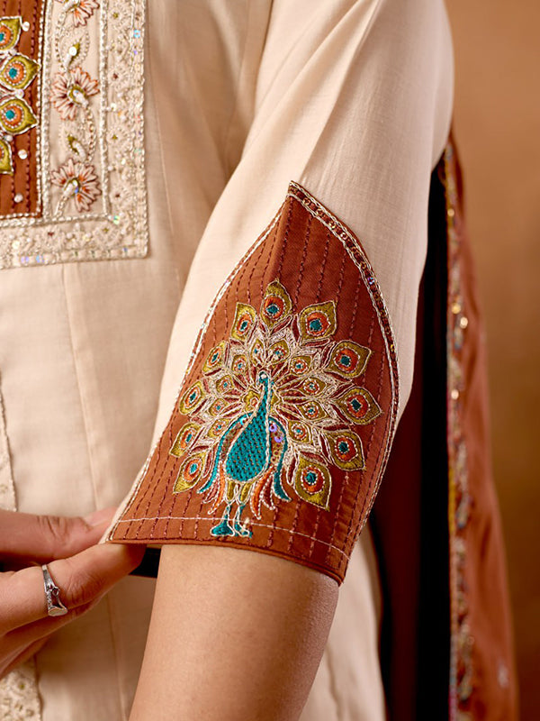 Beige Embroidery Thread Work Roman Silk Kurti Palazzo & Dupatta Set