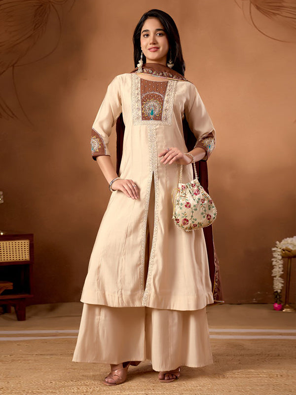 Beige Embroidery Thread Work Roman Silk Kurti Palazzo & Dupatta Set